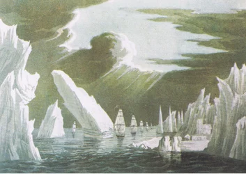 Przejście przez lód, czerwiec 1818 Sir John Ross Voyage of Discovery 1819, z British Adventure wydanego przez Collins, 1947